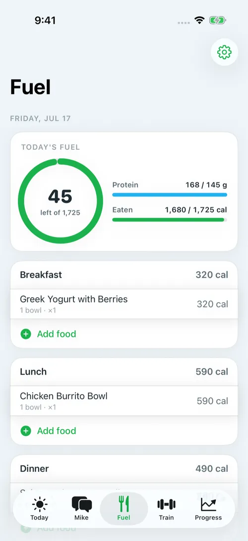 The Fuel tab: calories left today, protein bar, logged meals