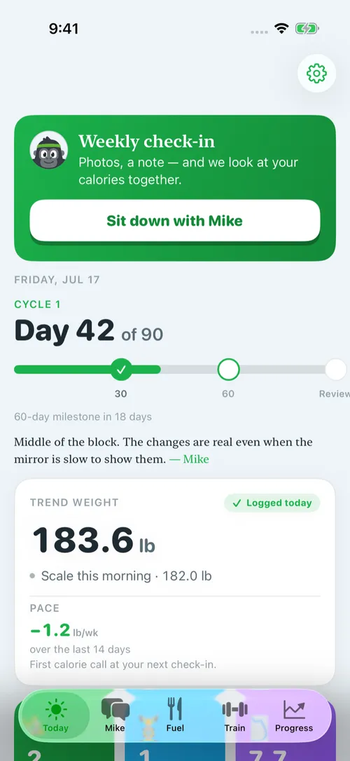 The Today tab: cycle day 42 of 90, trend weight, weekly check-in
